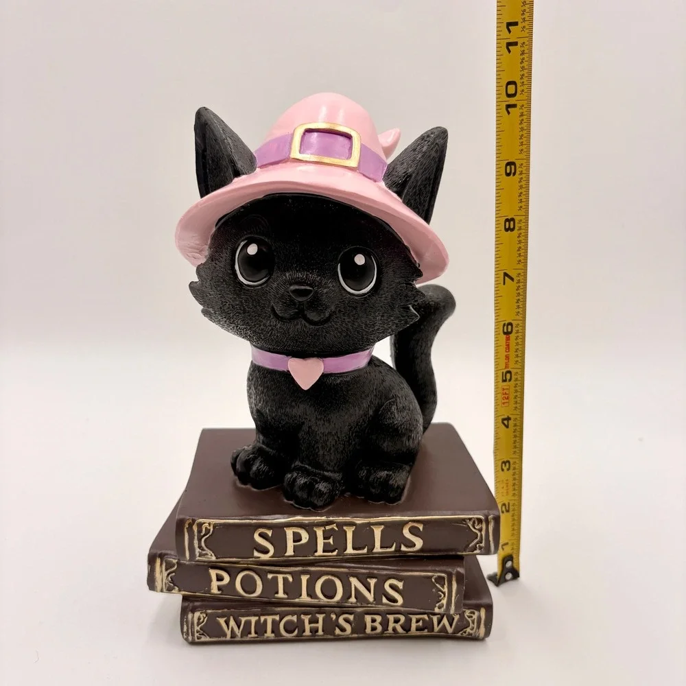 Halloween Black Cat Witch Figurine on Spell Books Pink Hat Spooky Cute Decor